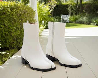 Handmade Leather White Tabi Boots for Women - Split Toe Japanese Style Ankle Boots