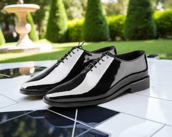 Zapatos Oxford de charol negro con corte completo: zapatos de vestir formales para hombre