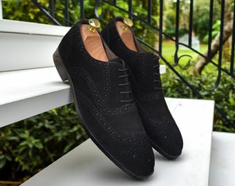 Stylish Oxford Black Suede Dress Shoes for Men – Handmade Leather Wingtip Brogue Shoes