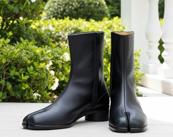Black Tabi Boots for Women - Handmade Split Toe Leather Ankle Boots