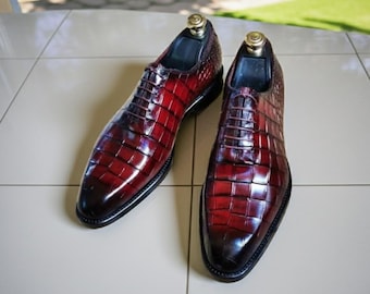 Burgundy Red Alligator Texture Leather Dress Shoes for Men Luxury Formal Wedding Shoes