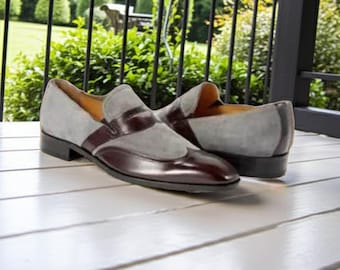 Gray Suede & Brown Leather Penny Loafers - Men's Slip-On Dress Shoes