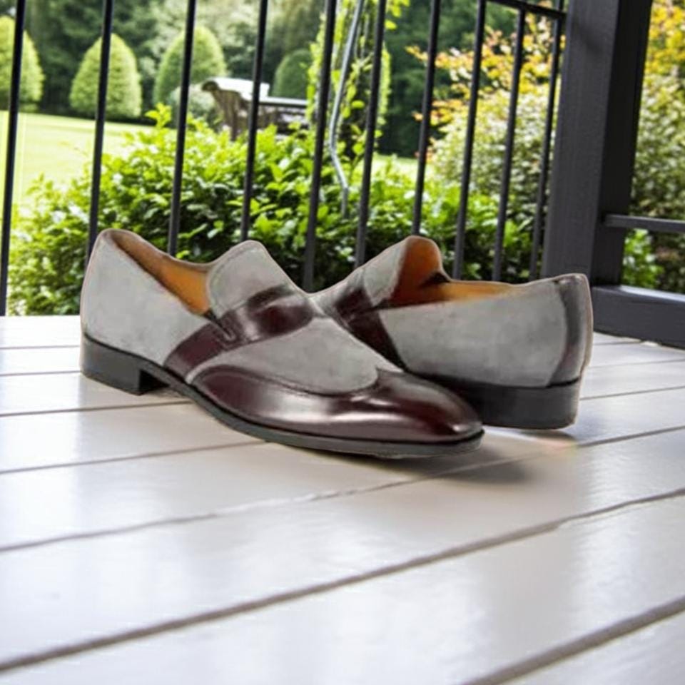 Gray Suede & Brown Leather Penny Loafers - Men display picture 1