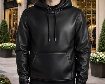 Black Leather Hoodie for Men - Pullover Hoodie Jacket – Men's Unique Winter Coat