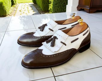 Handmade Leather Tassel Loafers White & Brown Slip on Shoes for Men Designer Loafer