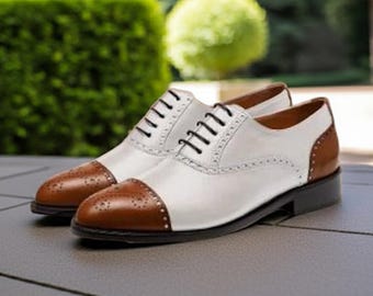 White & Brown Two-Tone Leather Cap Toe Oxford Shoes: Handmade Brogue Dress Shoes