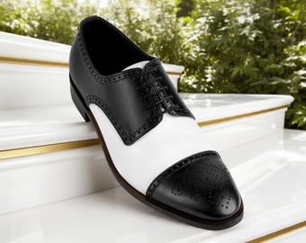 Handmade Leather White and Black Brogue Dress Shoes: Two-Tone Cap Toe Derby Shoes