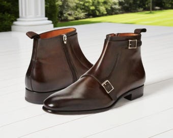 Handgefertigte Braune Leder Doppel Monk Stiefel für Männer Hohe Knöchel Formelle Schuhe