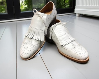 White Leather Fringe Wingtip Brogue Shoes - Handmade Designer Dress Shoes for Men