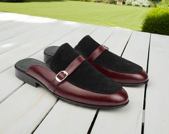 Handmade Burgundy & Black Suede Leather Mules: Men's Backless Loafers - Luxury Leather Slippers