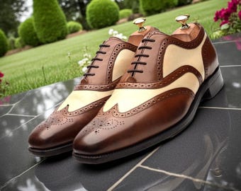 Men's Two-Tone Leather Oxford Shoes: Brown & Cream Brogue Dress Shoes