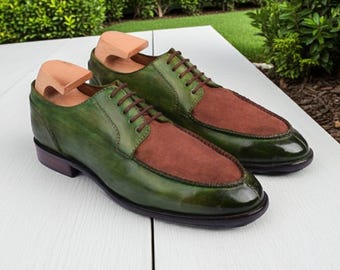 Handmade Brown Suede & Green Leather Derby Shoes - Men's Wedding Shoes