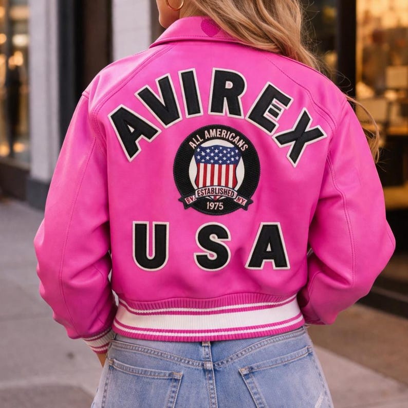 Women's Avirex Pink Leather Bomber Jacket - Genuine Leather Streetwear Custom Varsity Biker Jackets image 3