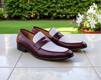 Handmade Leather Penny Loafers: White & Burgundy Slip-On Shoes for Men