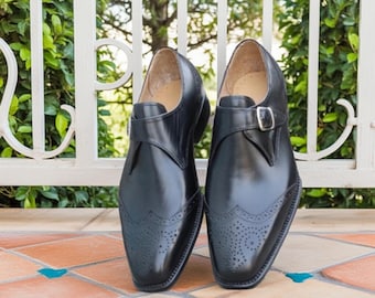 Black Leather Monk Strap Brogue Shoes: Men's Formal Dress Shoes