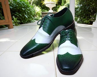 Men's Green & White Oxford Wingtip Brogue Shoes Handmade Leather Dress Shoes