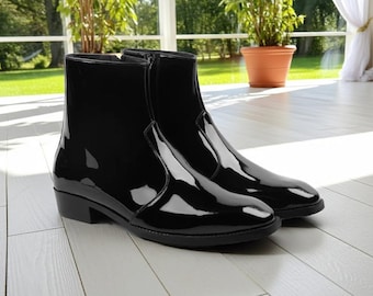 Stylish Black Patent Leather Side Zipper Boots for Men Handmade Western High Ankle Boot