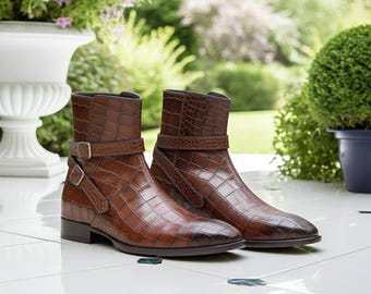 Handmade Alligator Texture Leather Jodhpur Boots: Tan Brown Monk Strap High Ankle Leather Boot