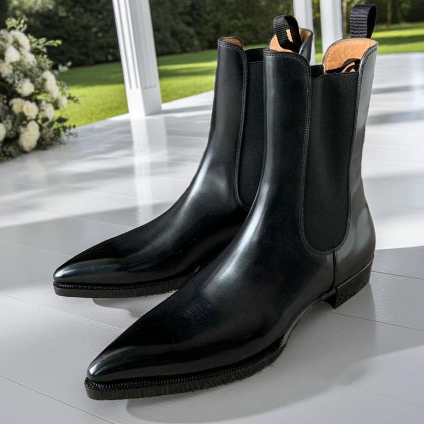 Stylish Black High Heel Chelsea Boots: Pointed Toe Ankle Leather