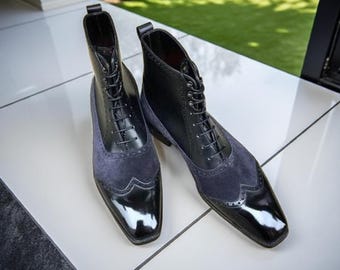 Handmade Black Patent Leather & Navy Suede Dress Boots: High Ankle Formal Boots for Men