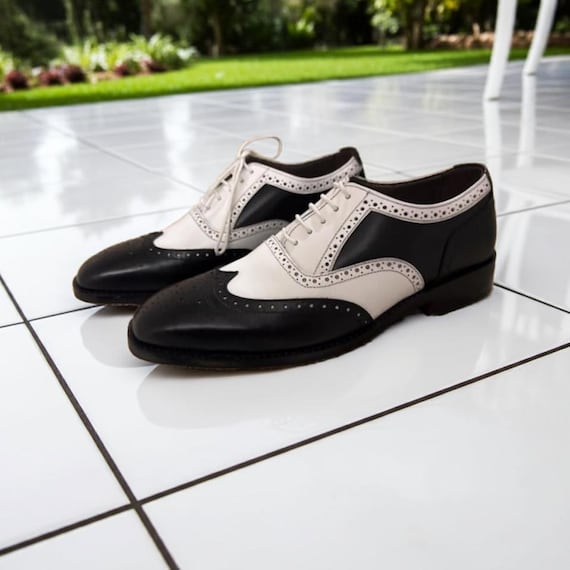 Handmade Spectator Wingtip Brogue Shoes: Black & White  display picture 3