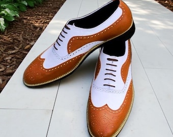 Handmade Spectator Wingtip Brogue Shoes for Men: White & Tan Leather Oxfords