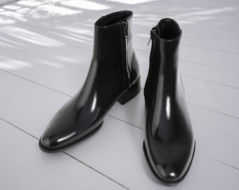 Handmade Black Patent Leather High Heel Ankle Boots: Men's Designer Style Dress Boots