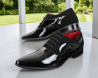 Black Patent Leather Oxford Dress Shoes: Suede Accents, Men's Wedding Shoes