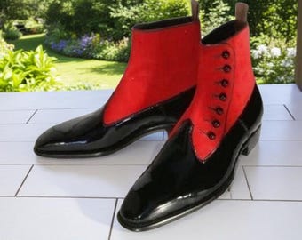 Black Patent Leather Dress Boots for Men: Red Suede Button Strap High Ankle Boots