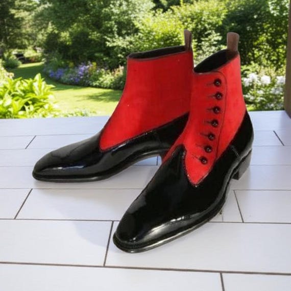 Black Patent Leather Dress Boots for Men: Red Suede Button Strap High Ankle Boots - Etsy Israel Black Patent Leather Dress Boots for Men: Red Suede Button Strap High Ankle Boots - Etsy Israel