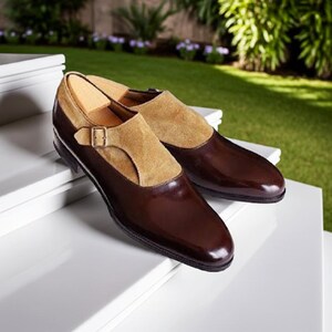 Stylish Tan Suede and Brown Leather Monk Strap Dress Shoes for Men Handmade Leather Formal Shoes