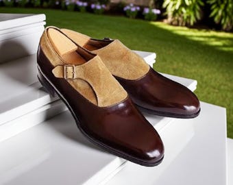 Handmade Tan Suede & Brown Leather Monk Strap Dress Shoes - Men Formal Shoes