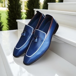 Handmade Leather White and Blue Tassel Loafers for Men Slip on Navy Blue Dress Shoes, Men&#39;s Fashion Shoes