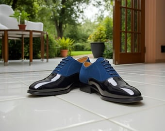 Oxford Blue Suede & Patent Leather Dress Shoes for Men – Handmade Luxury Wedding Shoes