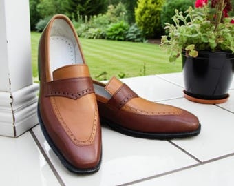 Handmade Two-Tone Brown Leather Loafers: Men's Slip-On Party Shoes