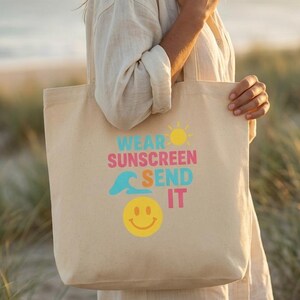 Ekologisk bomullstygväska, solskyddsmedel, skicka det, minimalistisk surfing, strandtillbehör, återanvändbar shopping, surfare, present, kuststämning, miljövänlig