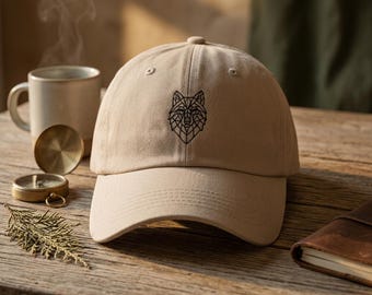 Gorra geométrica de lobo minimalista bordada de algodón, gorra de béisbol unisex ajustable para senderismo, accesorio para amantes de los animales.