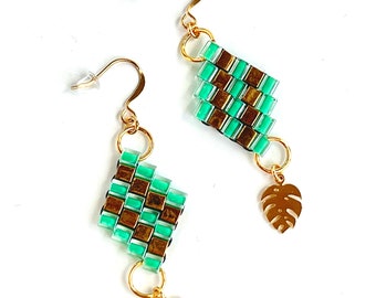 Gold and Teal Monstera Dangle Earrings - trendy houseplant jewelry