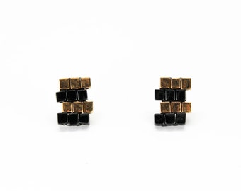 Zig Zag Stud Beaded Earring in Black & Bronze - In Stock