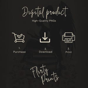 May include: Dark background with text that reads "Digital product" and "High-Quality PNGs." The image includes icons for purchase, download, and print, with the text "Flirty Prints" at the bottom. A silhouette of an angel reading is in the background.