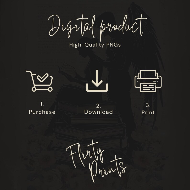 May include: Dark background with text that reads "Digital product" and "High-Quality PNGs." The image includes icons for purchase, download, and print, with the text "Flirty Prints" at the bottom. A silhouette of an angel reading is in the background.
