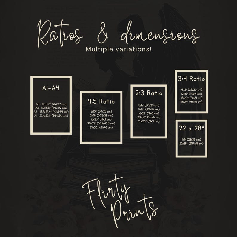 May include: A dark background with text and framed print size options. The text reads "Ratios & dimensions" and "Multiple variations!" with sizes in inches and centimeters. The text "Flirty Prints" is also visible.