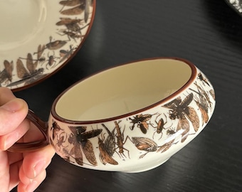 Mother's Day Gift, French Vintage Underglaze Coffee Cup & Saucer Set – Hand-Painted Dragonfly Design, Ceramic Dragonfly Coffee Cup Set