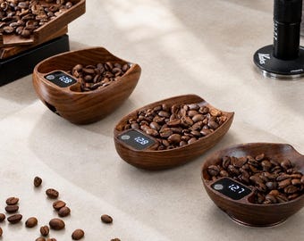 木製コーヒースケール、電子式コーヒー豆計量カップ、木製コーヒー豆スケール、セラミック製コーヒー豆トレイ、ウォールナット製コーヒー豆計量トレイ
