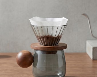 Glass Pour Over Coffee Dripper and Jug | V60 Pour Coffee Dripper with Wooden Handle, Glaskaraffe Kaffeefilter, Gift for Coffee Lover
