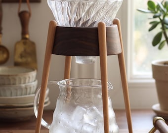 Soporte moderno de vidrio para cafetera de goteo / Cafetera de goteo V60 con soporte de madera, estación de goteo V60 de alto perfil