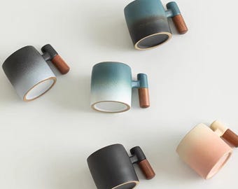 Taza de espresso de cerámica degradada con asa, taza de espresso esmaltada con marcas de precisión