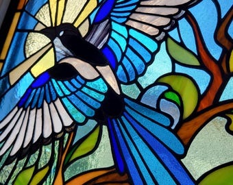 Patrón de vitral de urraca, descarga digital PDF JPG, plantilla de vidrio para ventana DIY