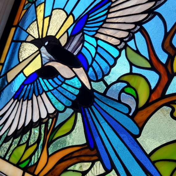 Magpie Bird Stained Glass Pattern, Digital Download PDF JPG, DIY Window Glass Template