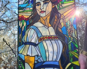 Diseño avanzado de vidrieras: Mujer eslava con flores (PDF + JPG) / Diseño de vidrieras imprimible / Escena rural folclórica, mujer con corona floral